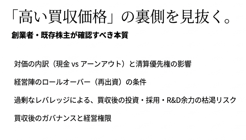 日本語の見出しと箇条書きの説明。『高い買取価格の裏側を見抜く。』と、確認すべき4点の要約。 › EXPACT ｜スタートアップ支援｜新たな挑戦に、旗を掲げよう。｜Seed Impacts, Harvest Changes.｜