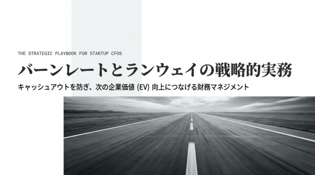 Cover image: title in Japanese about burn rate and runway with an English subtitle, set over a wide, motion-blur road photograph.