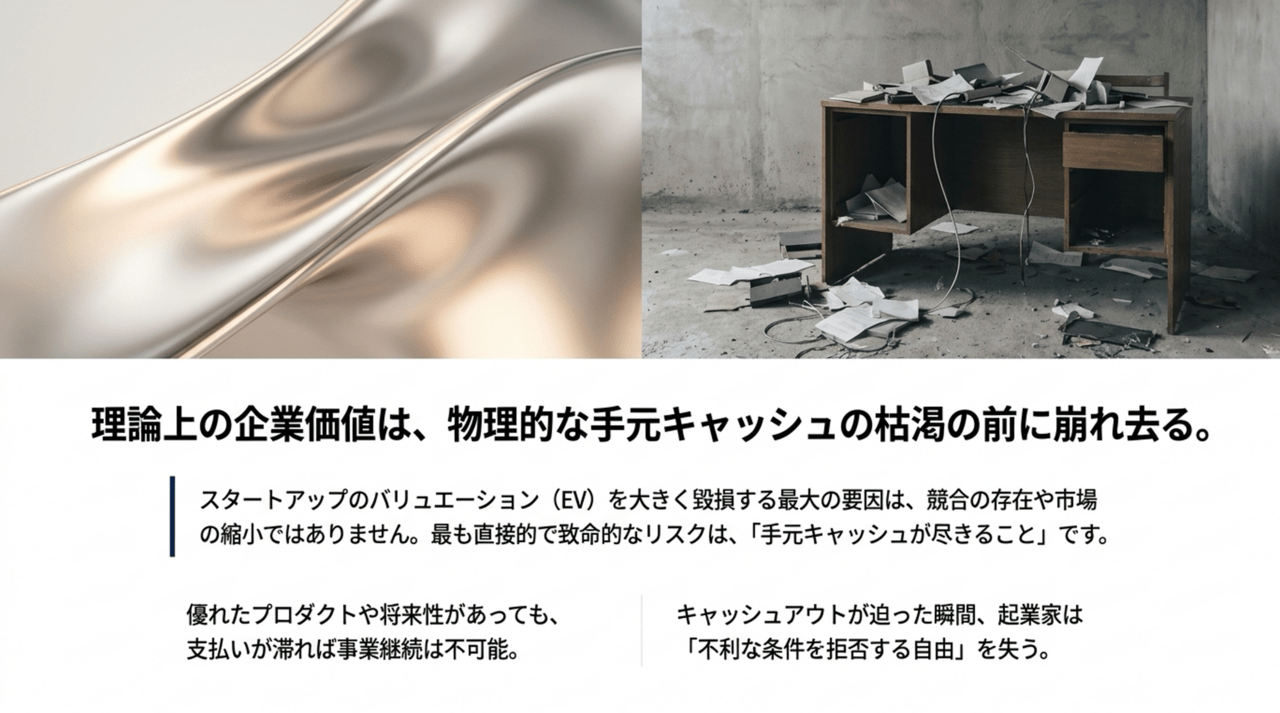 Metallic, flowing texture on the left and a messy, paper-strewn desk on the right, with a large Japanese headline about corporate value and cash depletion in the foreground. › EXPACT ｜スタートアップ支援｜新たな挑戦に、旗を掲げよう。｜Seed Impacts, Harvest Changes.｜