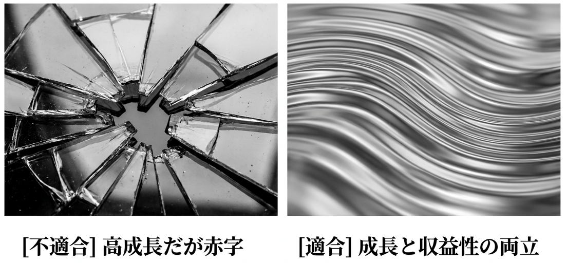Two-panel image: left shows shattered glass with a central hole labeled 「不適合」高成長だが赤字; right shows smooth, flowing metallic waves labeled 「適合」成長と収益性の両立, contrasting risk and harmony. › EXPACT ｜スタートアップ支援｜新たな挑戦に、旗を掲げよう。｜Seed Impacts, Harvest Changes.｜