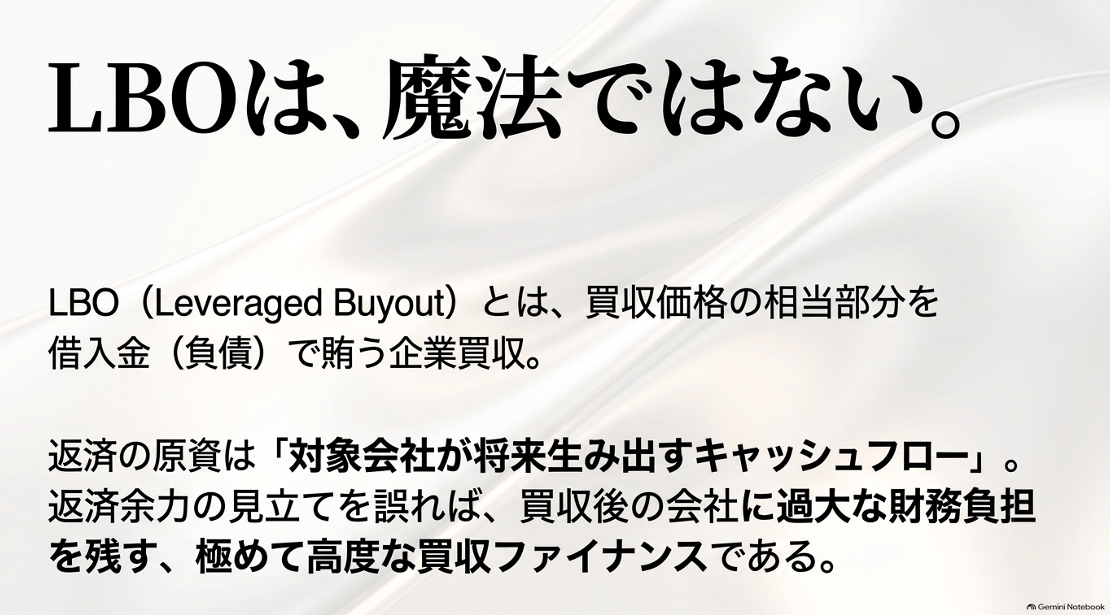 LBOは魔法ではない—買収資金を借入で賄い、将来のキャッシュフローで返済する説明スライド。 › EXPACT ｜スタートアップ支援｜新たな挑戦に、旗を掲げよう。｜Seed Impacts, Harvest Changes.｜