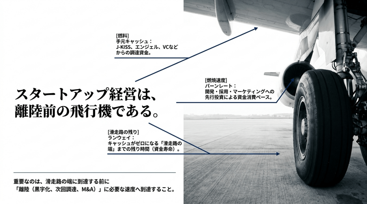 Infographic-style poster showing a airplane landing gear on the right and Japanese text arrows explaining startup metrics like cash, burn rate, and runway remaining on the left side. › EXPACT ｜スタートアップ支援｜新たな挑戦に、旗を掲げよう。｜Seed Impacts, Harvest Changes.｜