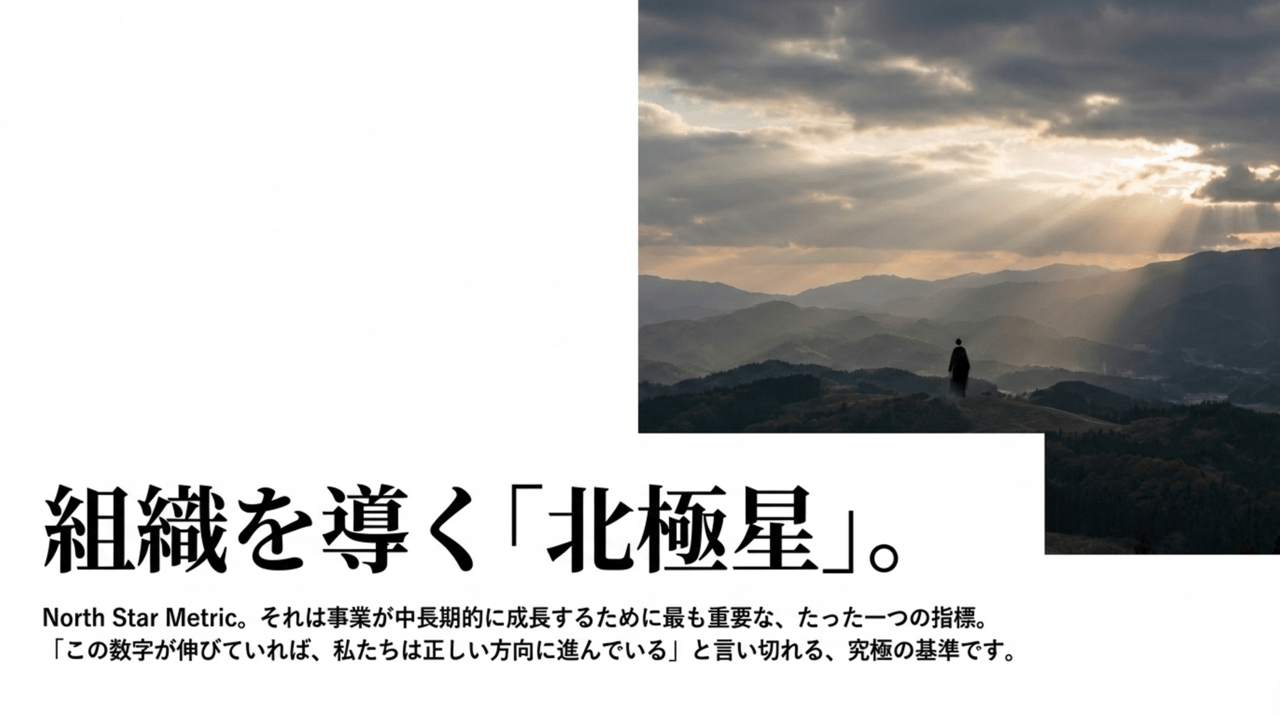Bold Japanese headline “組織を導く「北極星」” with subheading about North Star Metric; right side shows a mountains-at-sunset landscape with a solitary figure. › EXPACT ｜スタートアップ支援｜新たな挑戦に、旗を掲げよう。｜Seed Impacts, Harvest Changes.｜