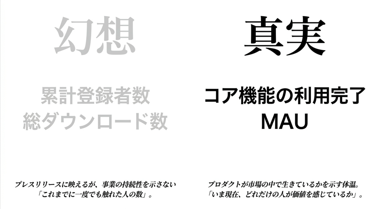 スクリーンショット 2026-08-16 231529 › EXPACT |スタートアップ支援|新たな挑戦に、旗を掲げよう。|Seed Impacts, Harvest Changes.| › Two-panel layout: left shows large gray 幻想 with gray subtitle; right shows large black 実写 and bold コア機能の利用完了 MAU with small captions. › EXPACT |スタートアップ支援|新たな挑戦に、旗を掲げよう。|Seed Impacts, Harvest Changes.|