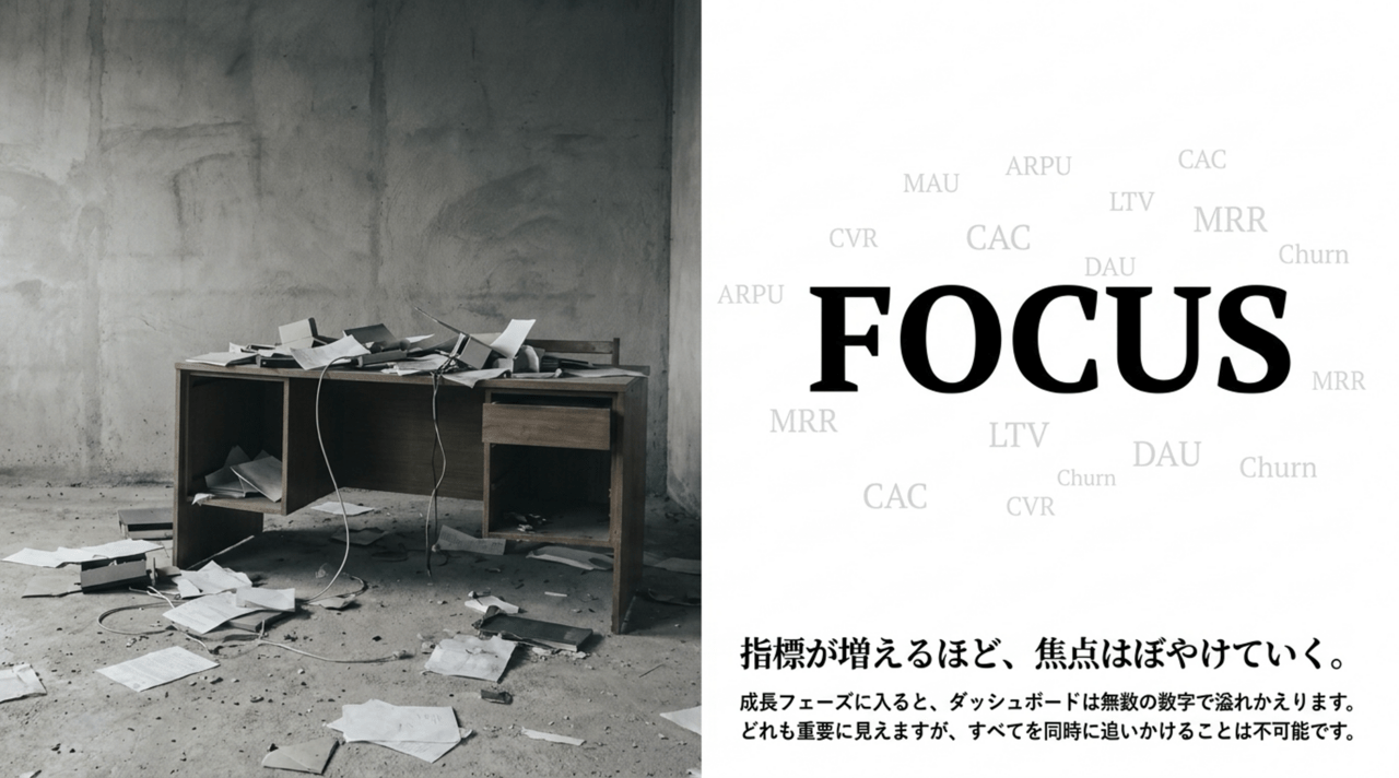 Left: a cluttered desk with scattered papers in a bare, dusty room; right: bold word 'FOCUS' with light metric terms and Japanese caption emphasizing focus. › EXPACT ｜スタートアップ支援｜新たな挑戦に、旗を掲げよう。｜Seed Impacts, Harvest Changes.｜