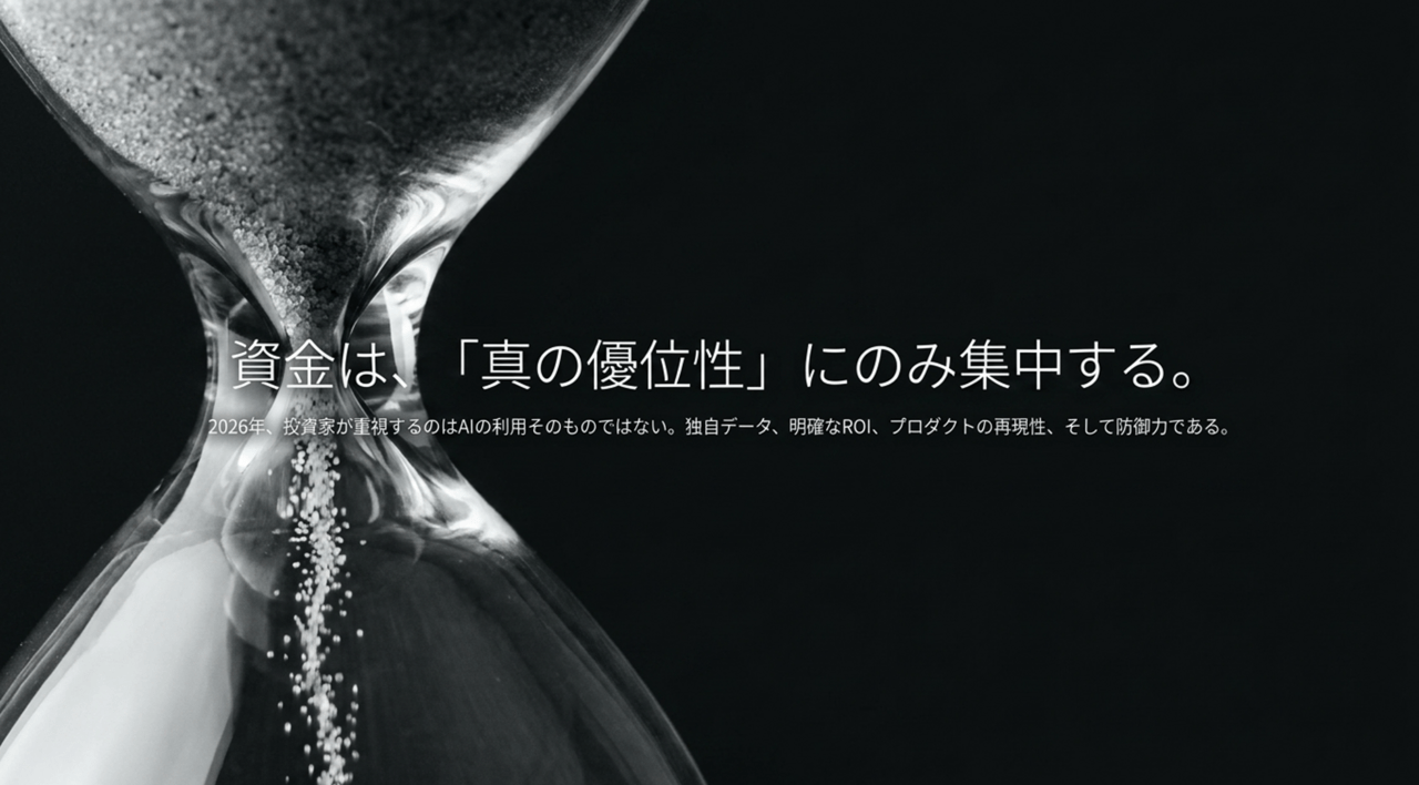 Hourglass with sand flowing, overlaid by Japanese text about focusing capital on the 'true edge' (time and money symbolism). › EXPACT ｜スタートアップ支援｜新たな挑戦に、旗を掲げよう。｜Seed Impacts, Harvest Changes.｜