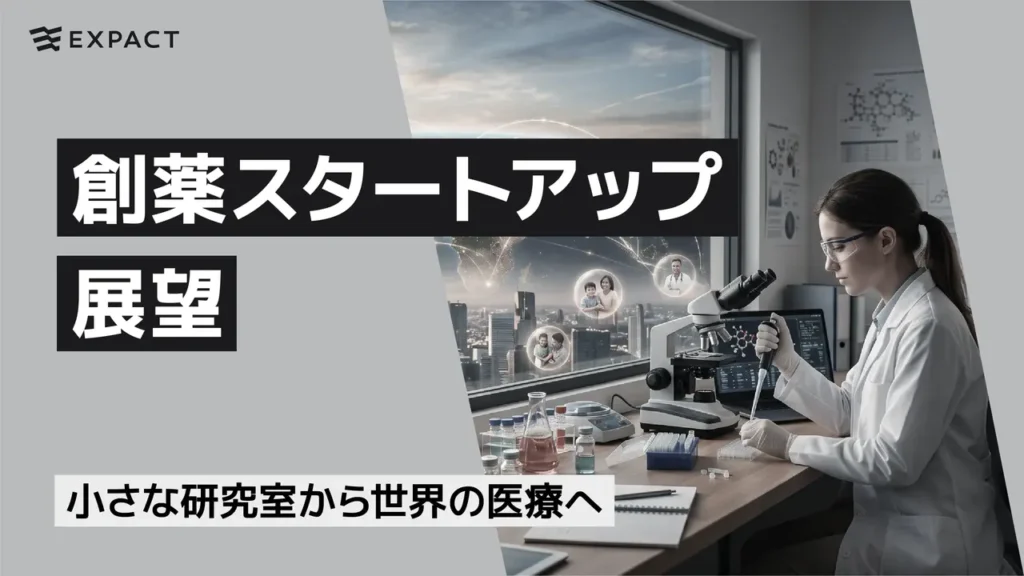 ExPACT branding with Japanese title cards over a lab scene: '創薬スタートアップ 展望' and '小さな研究室から世界の医療へ' as a scientist works at a microscope by a window.