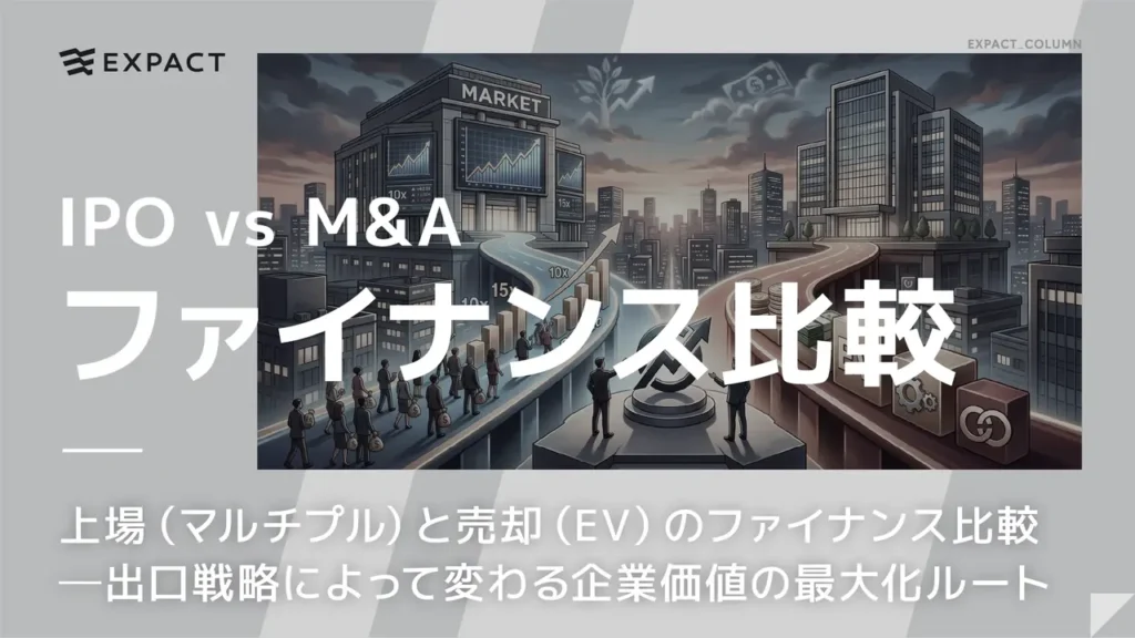 Slide showing IPO vs M&A with Japanese subtitle about finance strategies; illustrated cityscape background with business figures and market graphics.