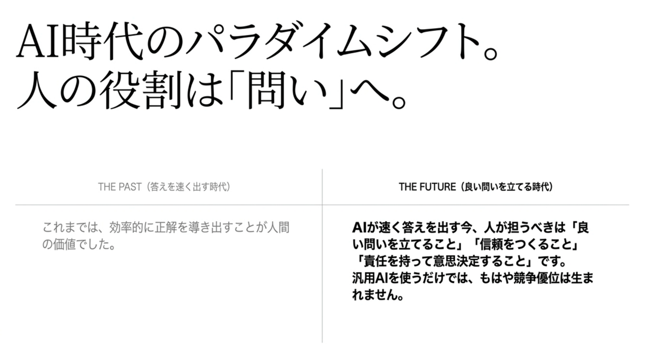 AI時代のパラダイムシフトを示す、左が過去・右が未来の対比表の概要。 › EXPACT ｜スタートアップ支援｜新たな挑戦に、旗を掲げよう。｜Seed Impacts, Harvest Changes.｜