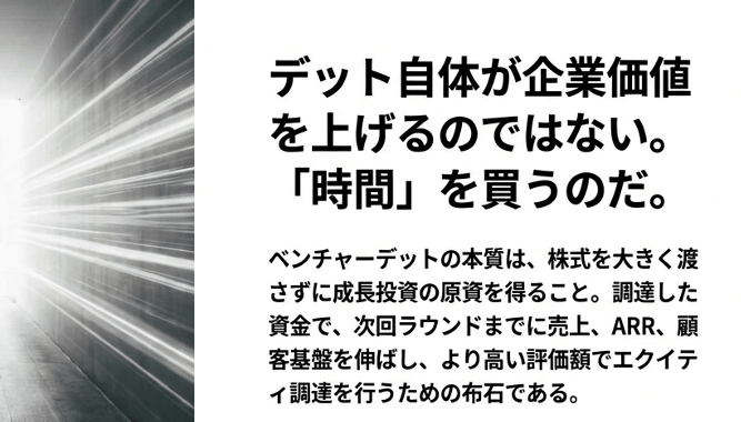 スクリーンショット 2026-08-24 71053 › EXPACT |スタートアップ支援|新たな挑戦に、旗を掲げよう。|Seed Impacts, Harvest Changes.| › Japanese slide with bold headline: 'デット自体が企業価値を上げるのではない。『時間』を買うのだ。' and a paragraph explaining venture debt provides growth capital and extends runway for future rounds. › EXPACT |スタートアップ支援|新たな挑戦に、旗を掲げよう。|Seed Impacts, Harvest Changes.|