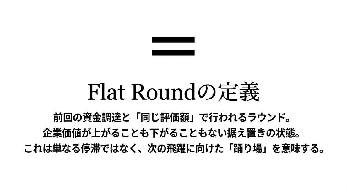 Two black horizontal bars forming an equals sign above the Japanese heading 'Flat Roundの定義' with a Japanese explanatory paragraph below. › EXPACT ｜スタートアップ支援｜新たな挑戦に、旗を掲げよう。｜Seed Impacts, Harvest Changes.｜