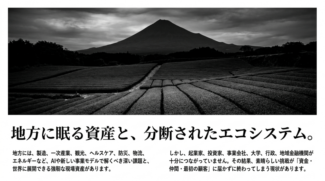 Black-and-white photo of terraced fields leading to a mountain, with Japanese headline about regional assets and fragmented ecosystems. › EXPACT ｜スタートアップ支援｜新たな挑戦に、旗を掲げよう。｜Seed Impacts, Harvest Changes.｜
