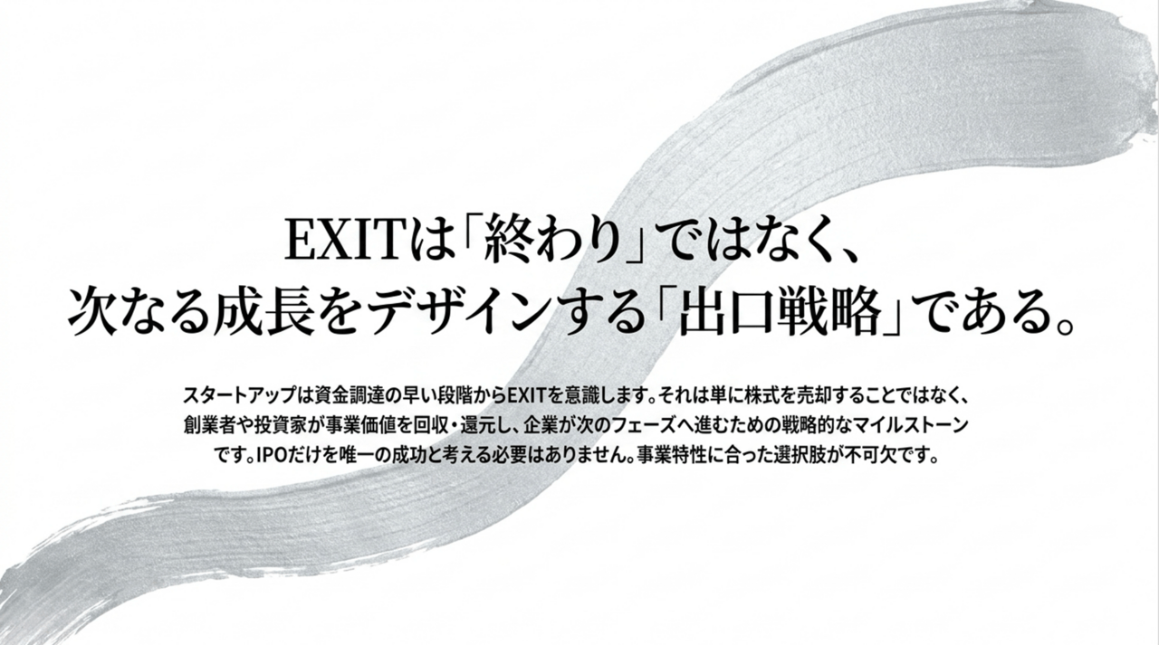 日本語スライドの主張:「EXITは終わりではなく、次なる成長をデザインする出口戦略である」と大きく表示され、下に説明文が続く。背景に太い筆跡のデザインがある。 › EXPACT ｜スタートアップ支援｜新たな挑戦に、旗を掲げよう。｜Seed Impacts, Harvest Changes.｜