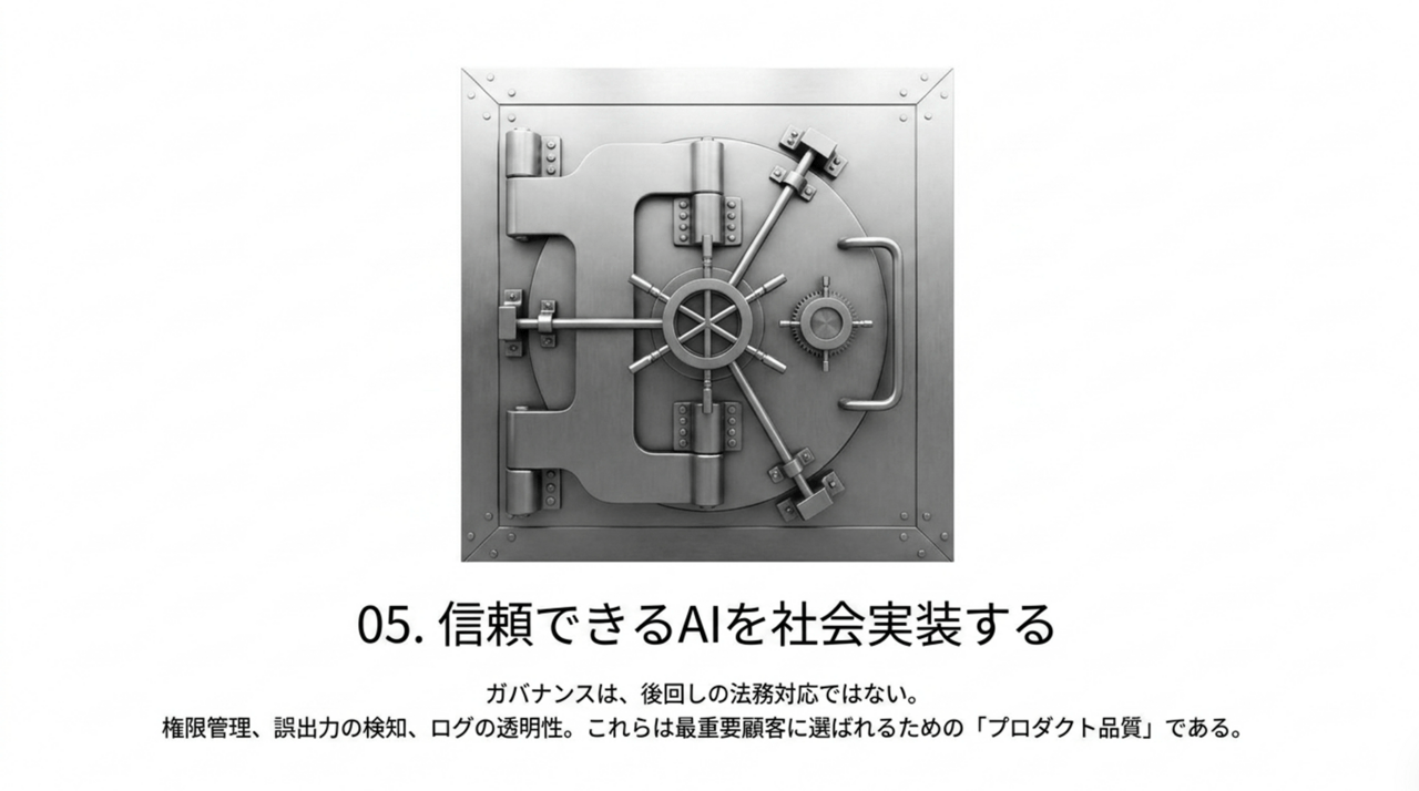 Steel vault door with multiple bolts and a central wheel; caption reads '05. 信頼できるAIを社会実装する' in Japanese, signaling trustworthy AI implementation.] › EXPACT ｜スタートアップ支援｜新たな挑戦に、旗を掲げよう。｜Seed Impacts, Harvest Changes.｜