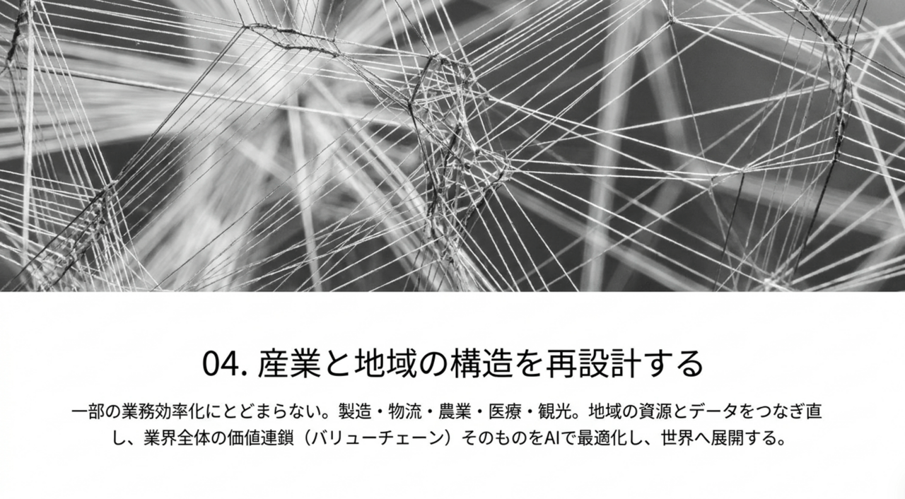 Black-and-white close-up of tangled threads above Japanese text about redesigning industry and regional structure; includes the heading '04. 産業と地域の構造を再設計する'. › EXPACT ｜スタートアップ支援｜新たな挑戦に、旗を掲げよう。｜Seed Impacts, Harvest Changes.｜