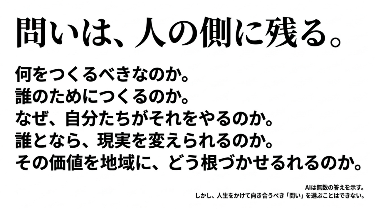 スクリーンショット 2026-08-15 221845 › EXPACT |スタートアップ支援|新たな挑戦に、旗を掲げよう。|Seed Impacts, Harvest Changes.| › Japanese typographic poster: large bold line '問いは、人の側に残る。' with smaller lines posing questions about what to create, for whom, why we act, and how to ground value in the community; conveys a philosophical message. › EXPACT |スタートアップ支援|新たな挑戦に、旗を掲げよう。|Seed Impacts, Harvest Changes.|