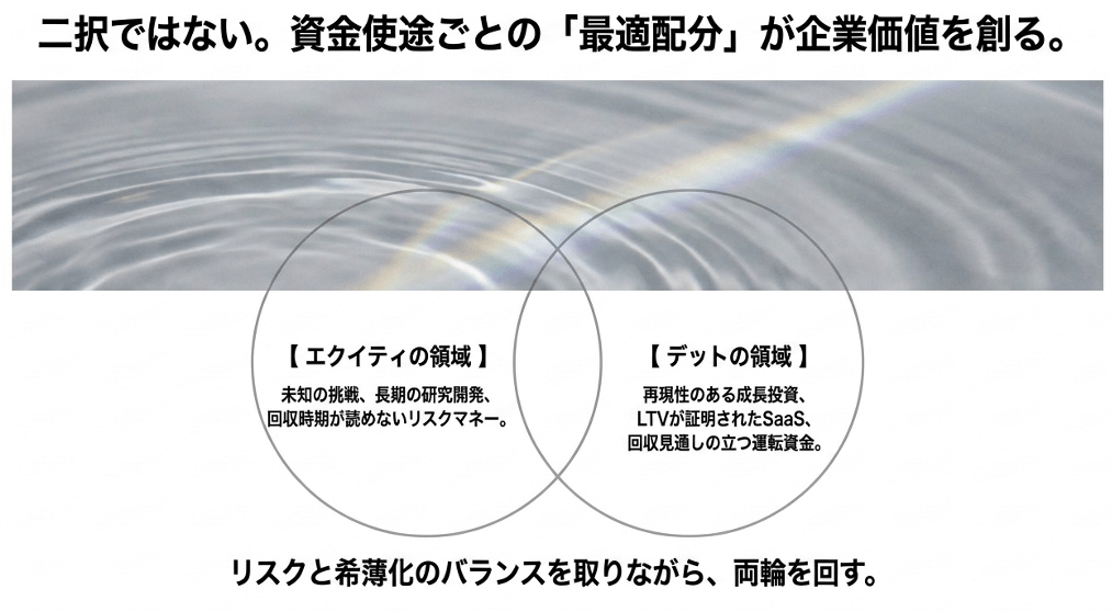 スクリーンショット 2026-08-24 71417 › EXPACT |スタートアップ支援|新たな挑戦に、旗を掲げよう。|Seed Impacts, Harvest Changes.| › 企業価値を創る資金配分を示す2区分の円の重ね合わせ図。左がエクイティ領域、右がデット領域、リスクと希薄化のバランスを図る。 › EXPACT |スタートアップ支援|新たな挑戦に、旗を掲げよう。|Seed Impacts, Harvest Changes.|