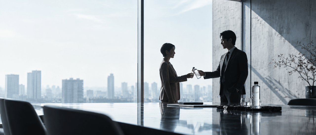 EXPACT water for work › EXPACT |スタートアップ支援|新たな挑戦に、旗を掲げよう。|Seed Impacts, Harvest Changes.| › Two colleagues in business attire exchanging a water bottle at a modern office with a city skyline outside the window. › EXPACT |スタートアップ支援|新たな挑戦に、旗を掲げよう。|Seed Impacts, Harvest Changes.|