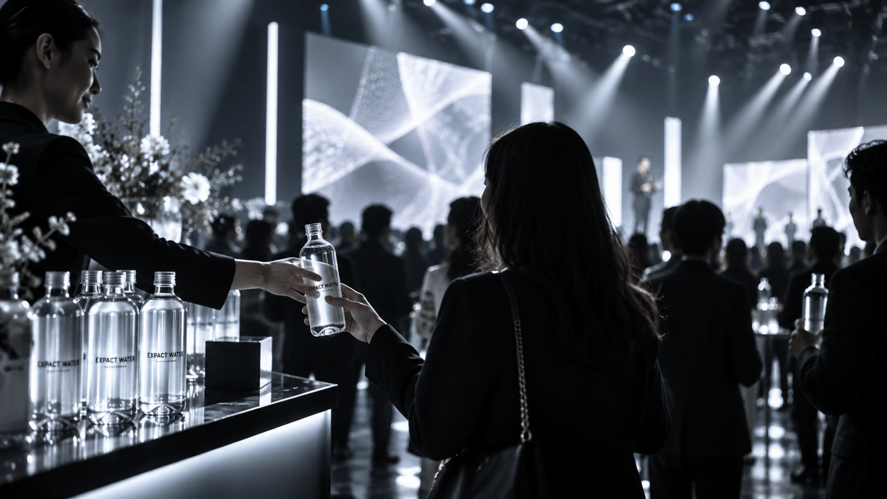 EXPACT WATER. › EXPACT |スタートアップ支援|新たな挑戦に、旗を掲げよう。|Seed Impacts, Harvest Changes.| › Two people exchange a water bottle at a sleek event bar as a stage performance plays in the background. › EXPACT |スタートアップ支援|新たな挑戦に、旗を掲げよう。|Seed Impacts, Harvest Changes.|