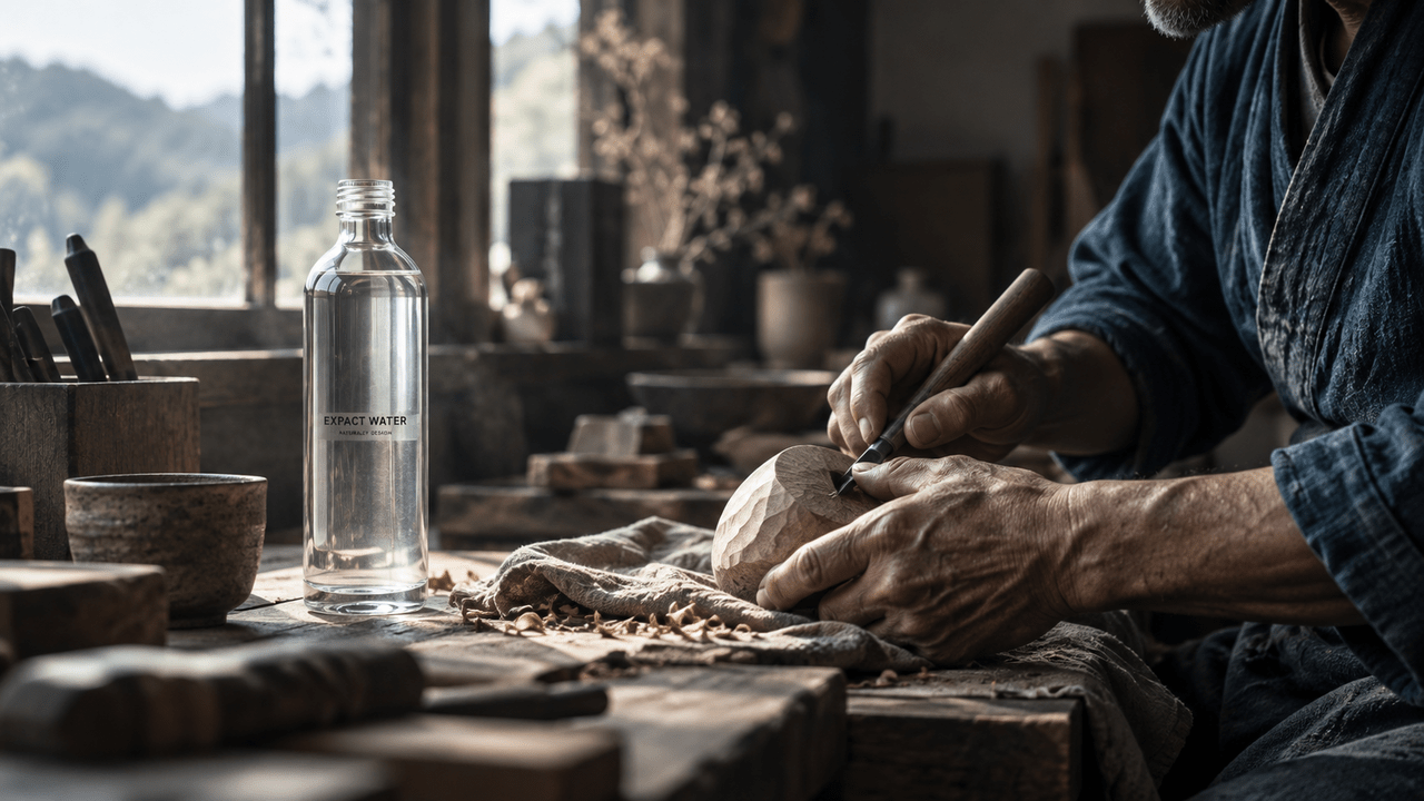 EXPACT WATER. › EXPACT |スタートアップ支援|新たな挑戦に、旗を掲げよう。|Seed Impacts, Harvest Changes.| › Woodworker carves a wooden bowl by hand at a sunlit workbench, with carving tools nearby and a bottle of water in frame. › EXPACT |スタートアップ支援|新たな挑戦に、旗を掲げよう。|Seed Impacts, Harvest Changes.|