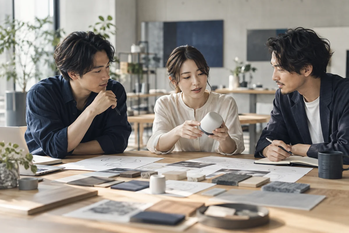 試作品を囲んで事業を検討するチームのイメージ